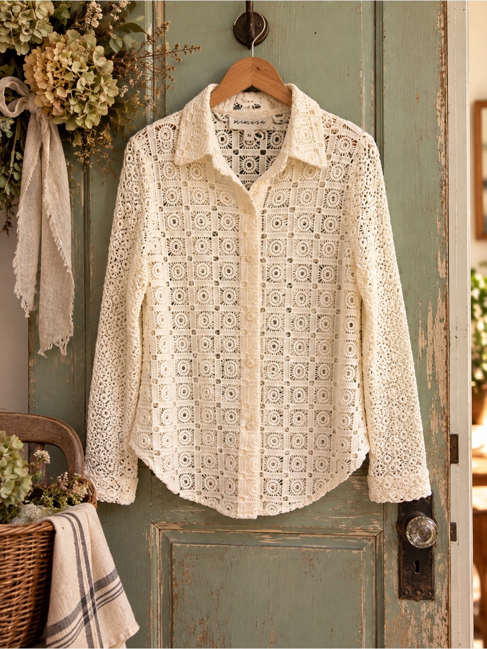 Mimosa Ivory Floral Crochet Lace Button Down Blouse Top M Boho